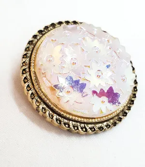 Western Germany Scarf clip Aurora Borealis molded glass flower vintage mid century rainbow