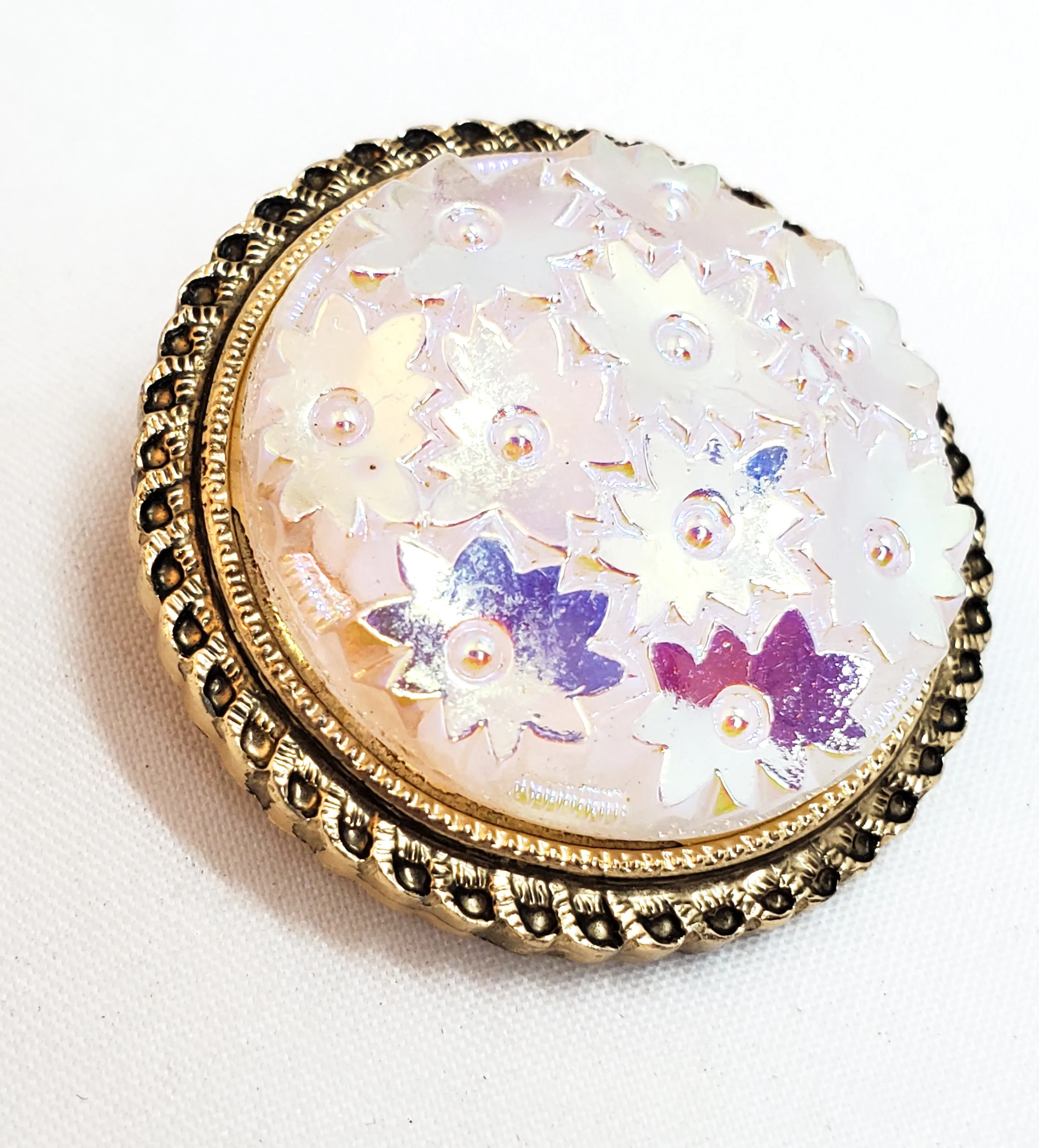 Western Germany Scarf clip Aurora Borealis molded glass flower vintage mid century rainbow