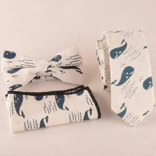 Whale Print Tie Bowtie Handkerchief Set - Apricot