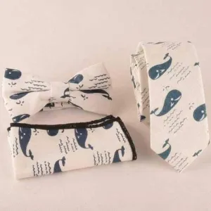 Whale Print Tie Bowtie Handkerchief Set - Apricot