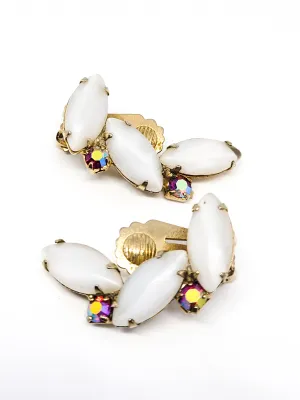 White moonglow and red aurora borealis rhinestone vintage clip on earrings
