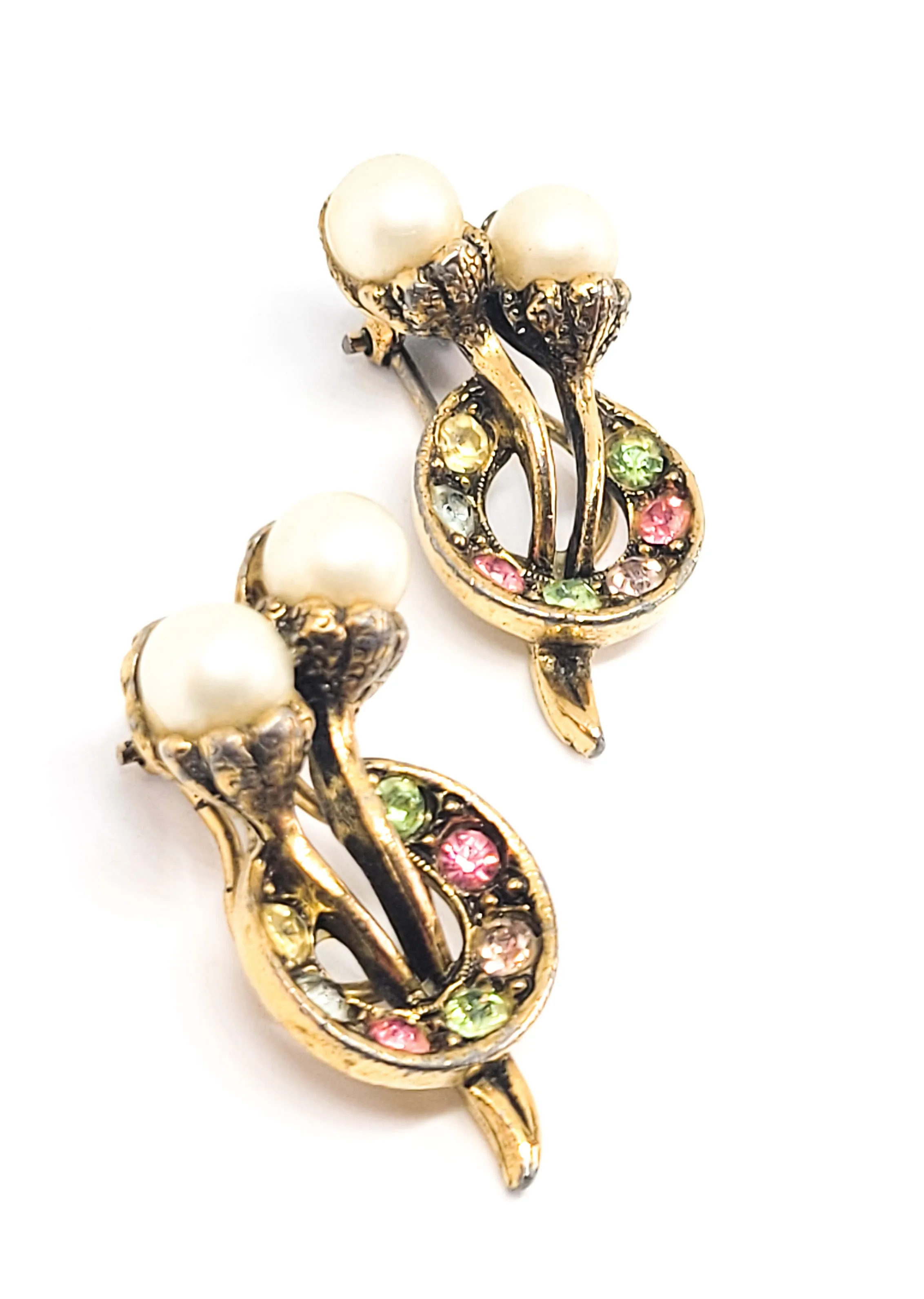 White pearl cherry fruit salad rainbow rhinestone vintage clip on earrings mid century