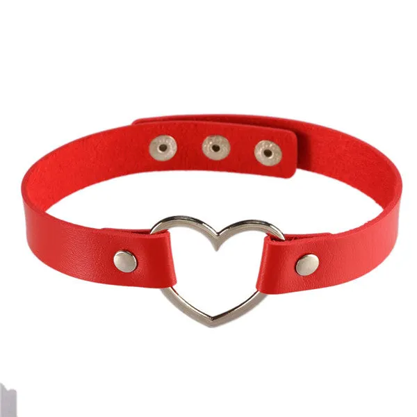 Women Lady Punk Goth Harajuku Grunge Leather Rivet Heart Collar Choker Statement Necklace Jewelry 14 Color