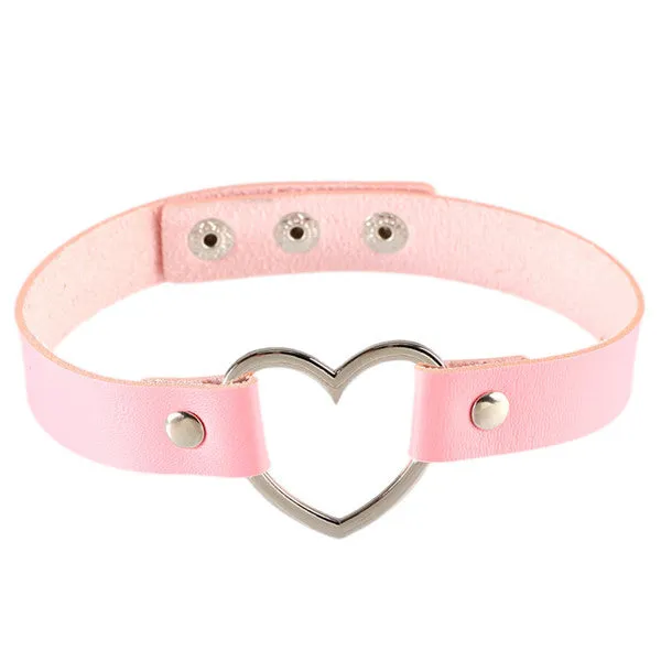Women Lady Punk Goth Harajuku Grunge Leather Rivet Heart Collar Choker Statement Necklace Jewelry 14 Color