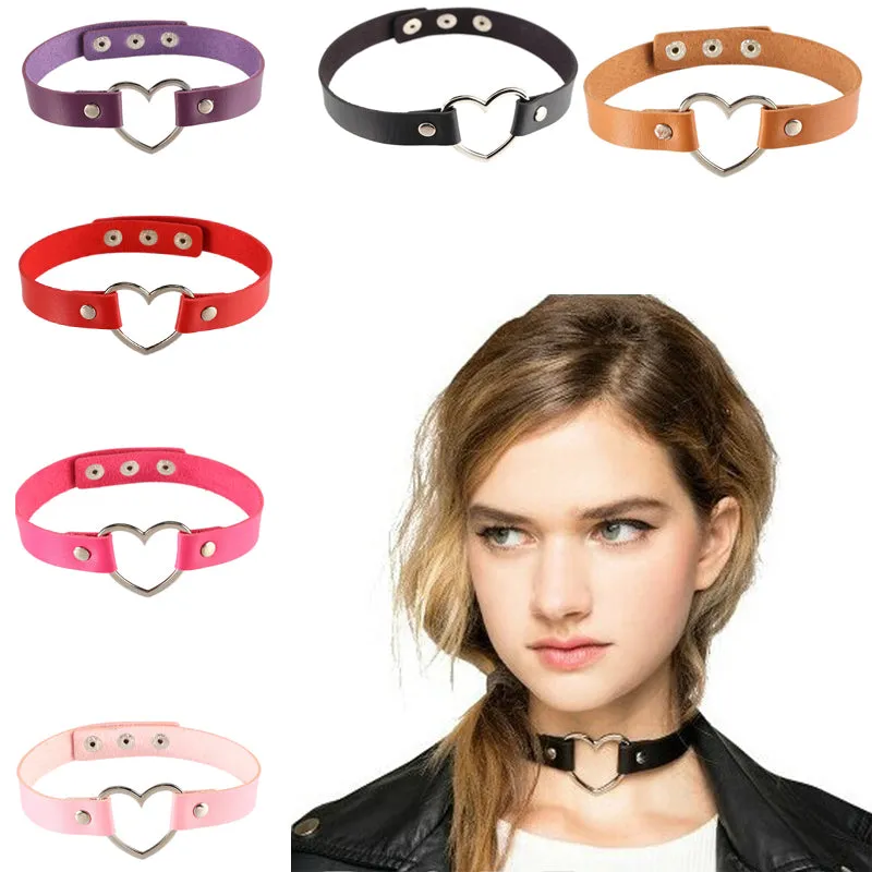 Women Lady Punk Goth Harajuku Grunge Leather Rivet Heart Collar Choker Statement Necklace Jewelry 14 Color
