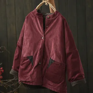 Women Winter Vintage Reversible Corduroy Stand Collar Quilted Jacket