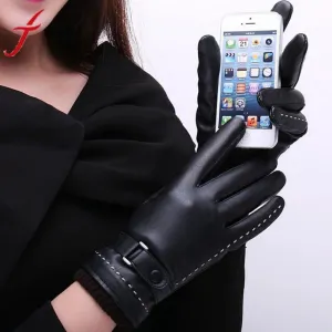 Women's Classic Black Leather Gloves with Cotton Lining and Touch Screen
