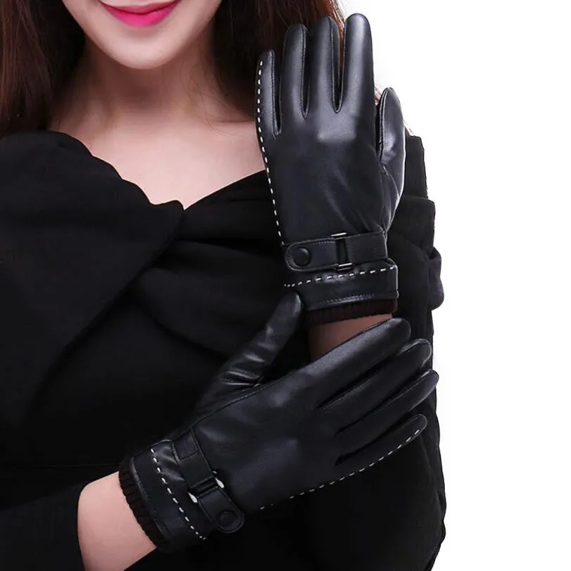 Women's Classic Black Leather Gloves with Cotton Lining and Touch Screen