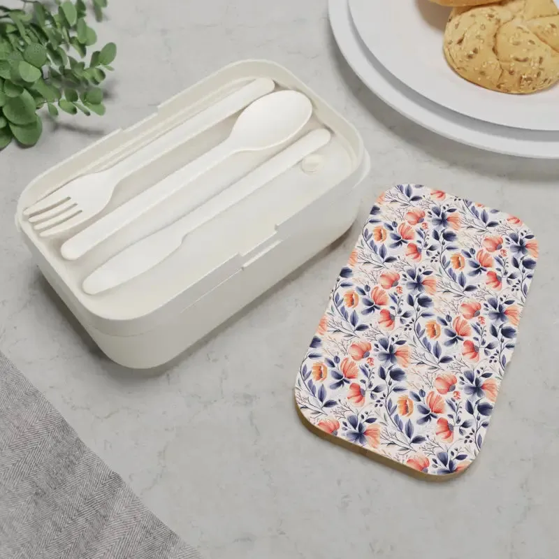Wooden Lid Bento Lunchbox with Delicate Floral Pattern