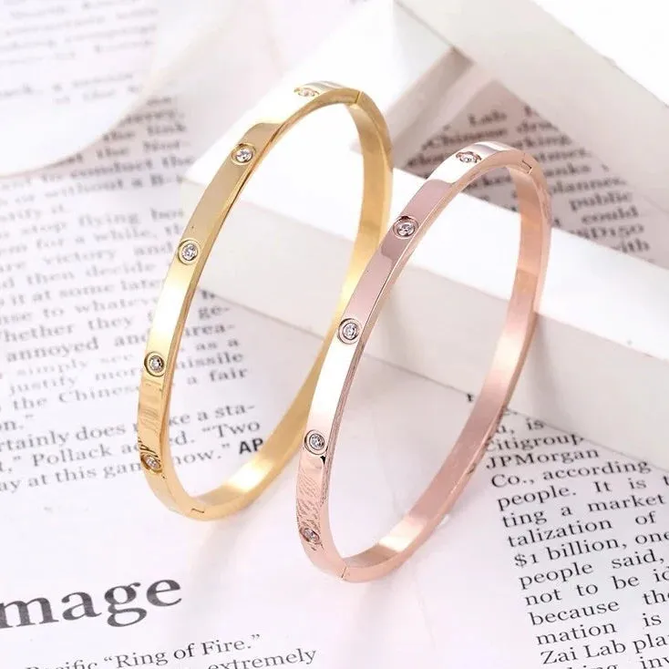 Yellow Gold Plated Stainless Steel & Crystal 4mm Love Bangle