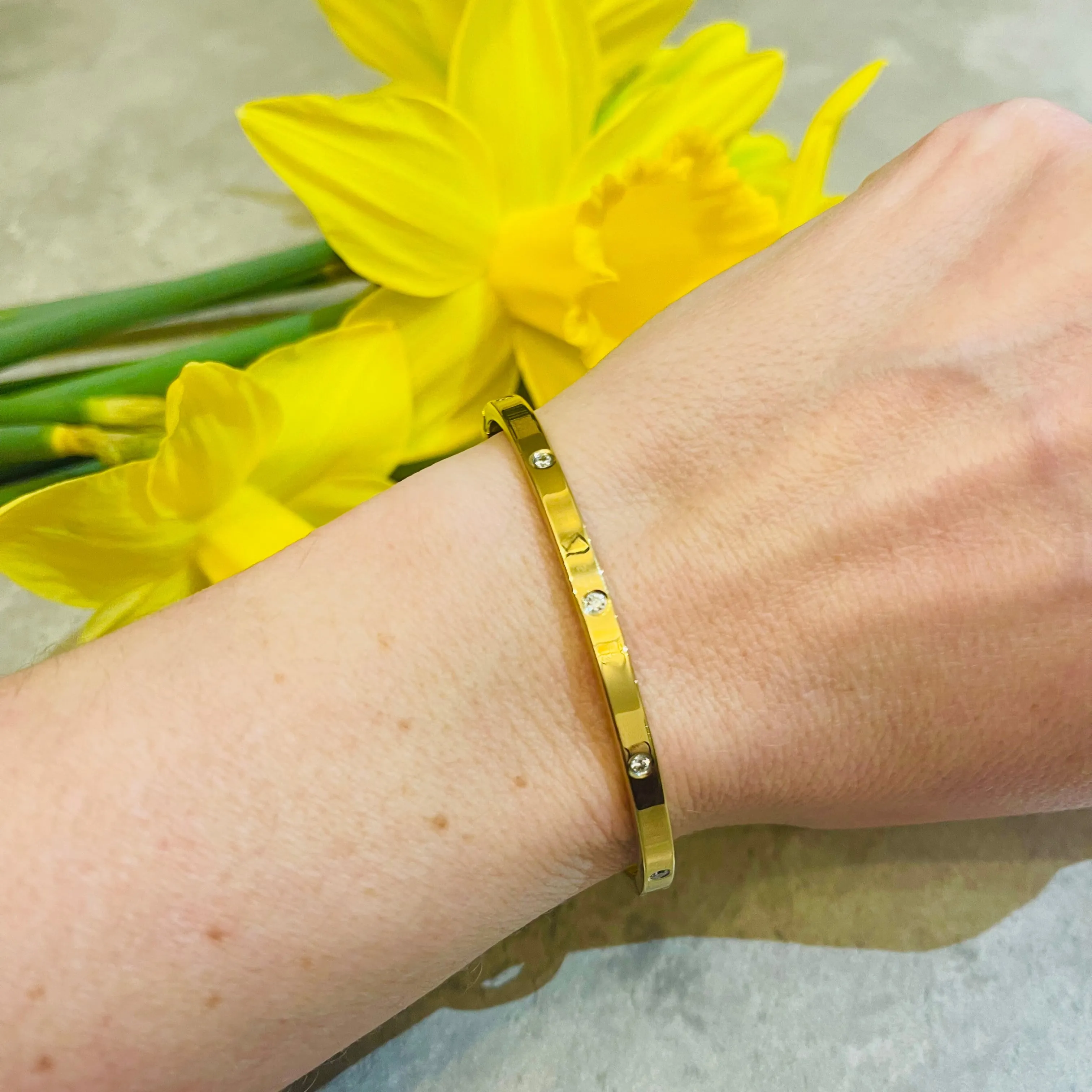 Yellow Gold Plated Stainless Steel & Crystal 4mm Love Bangle